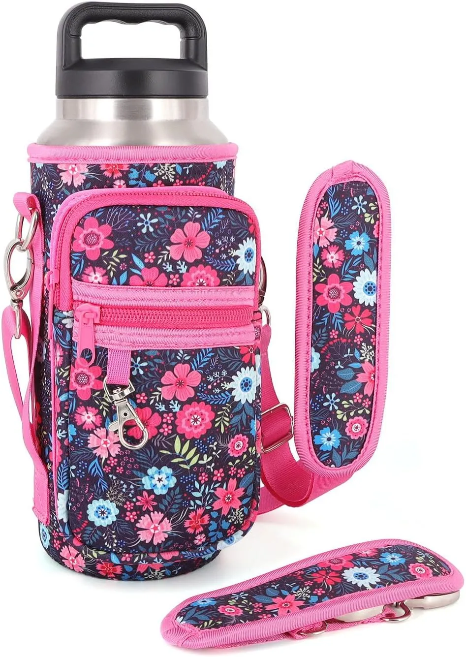 Water Bottle Holder Sling Bag Sleeve Carrier 32oz 40oz 64oz, Insulated Crossbody Water Bottle Case Cover with Padded Strap and 2 Pockets for Walking Hiking Camping