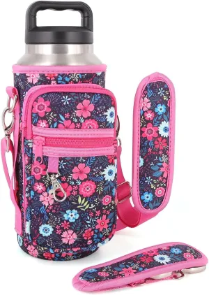Water Bottle Holder Sling Bag Sleeve Carrier 32oz 40oz 64oz, Insulated Crossbody Water Bottle Case Cover with Padded Strap and 2 Pockets for Walking Hiking Camping