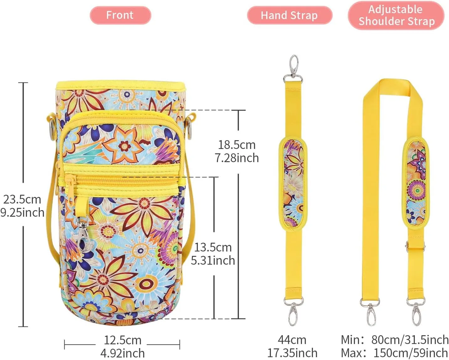 Water Bottle Holder Sling Bag Sleeve Carrier 32oz 40oz 64oz, Insulated Crossbody Water Bottle Case Cover with Padded Strap and 2 Pockets for Walking Hiking Camping
