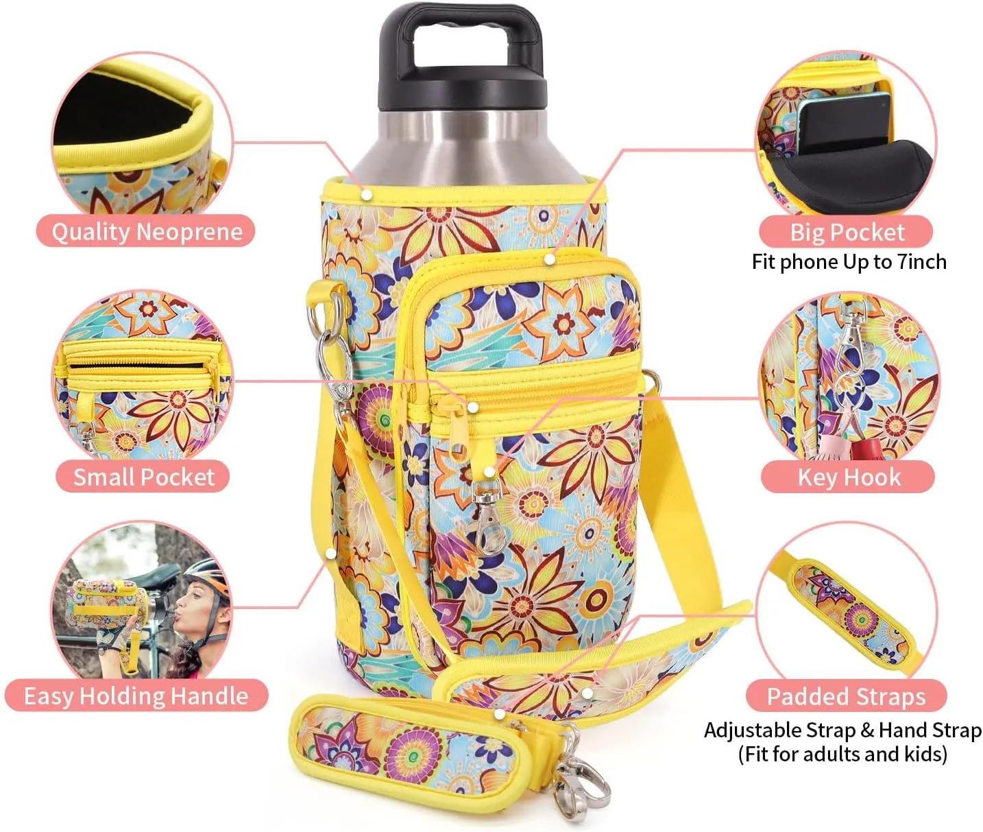 Water Bottle Holder Sling Bag Sleeve Carrier 32oz 40oz 64oz, Insulated Crossbody Water Bottle Case Cover with Padded Strap and 2 Pockets for Walking Hiking Camping