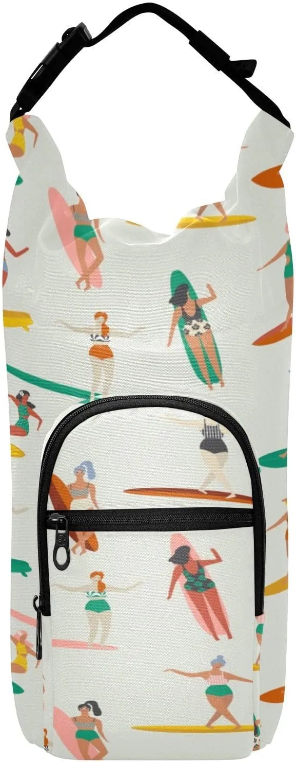 Water Bottle Sling Sleeve Bag, Bottle Carrier Holder Case Cover with Removable Strap Travel Cup Mug Storage with Pockets Surfers Surfing in Bikinis Seamless Pattern