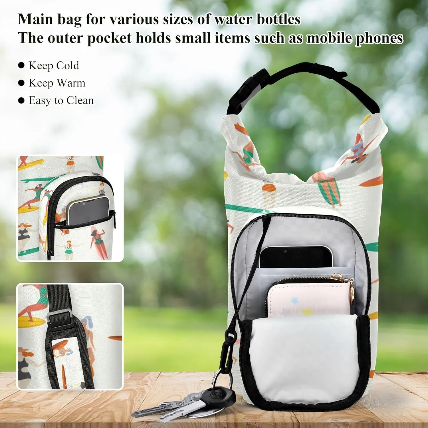 Water Bottle Sling Sleeve Bag, Bottle Carrier Holder Case Cover with Removable Strap Travel Cup Mug Storage with Pockets Surfers Surfing in Bikinis Seamless Pattern