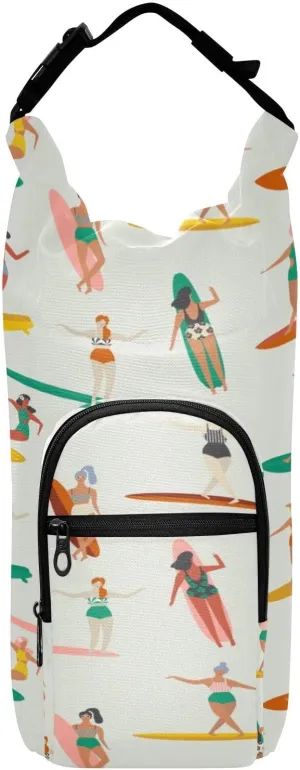Water Bottle Sling Sleeve Bag, Bottle Carrier Holder Case Cover with Removable Strap Travel Cup Mug Storage with Pockets Surfers Surfing in Bikinis Seamless Pattern
