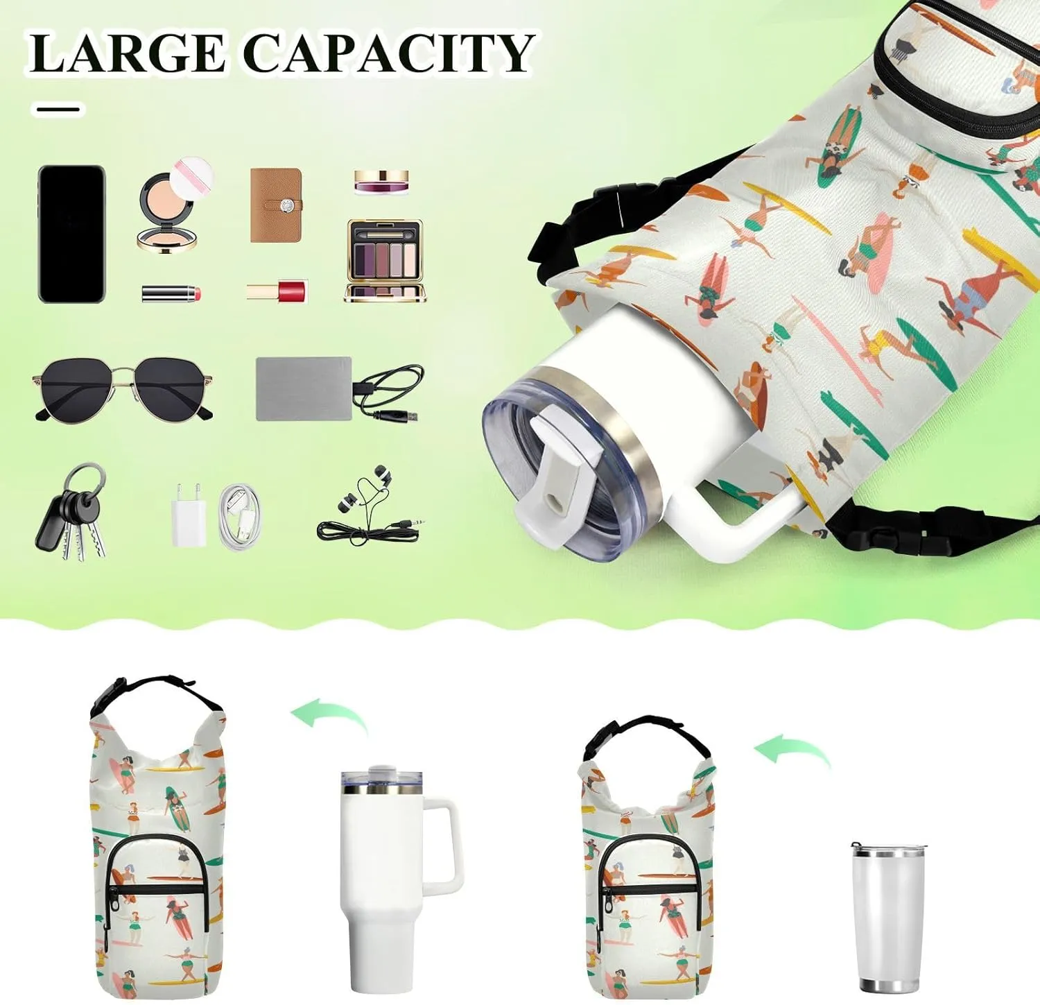 Water Bottle Sling Sleeve Bag, Bottle Carrier Holder Case Cover with Removable Strap Travel Cup Mug Storage with Pockets Surfers Surfing in Bikinis Seamless Pattern