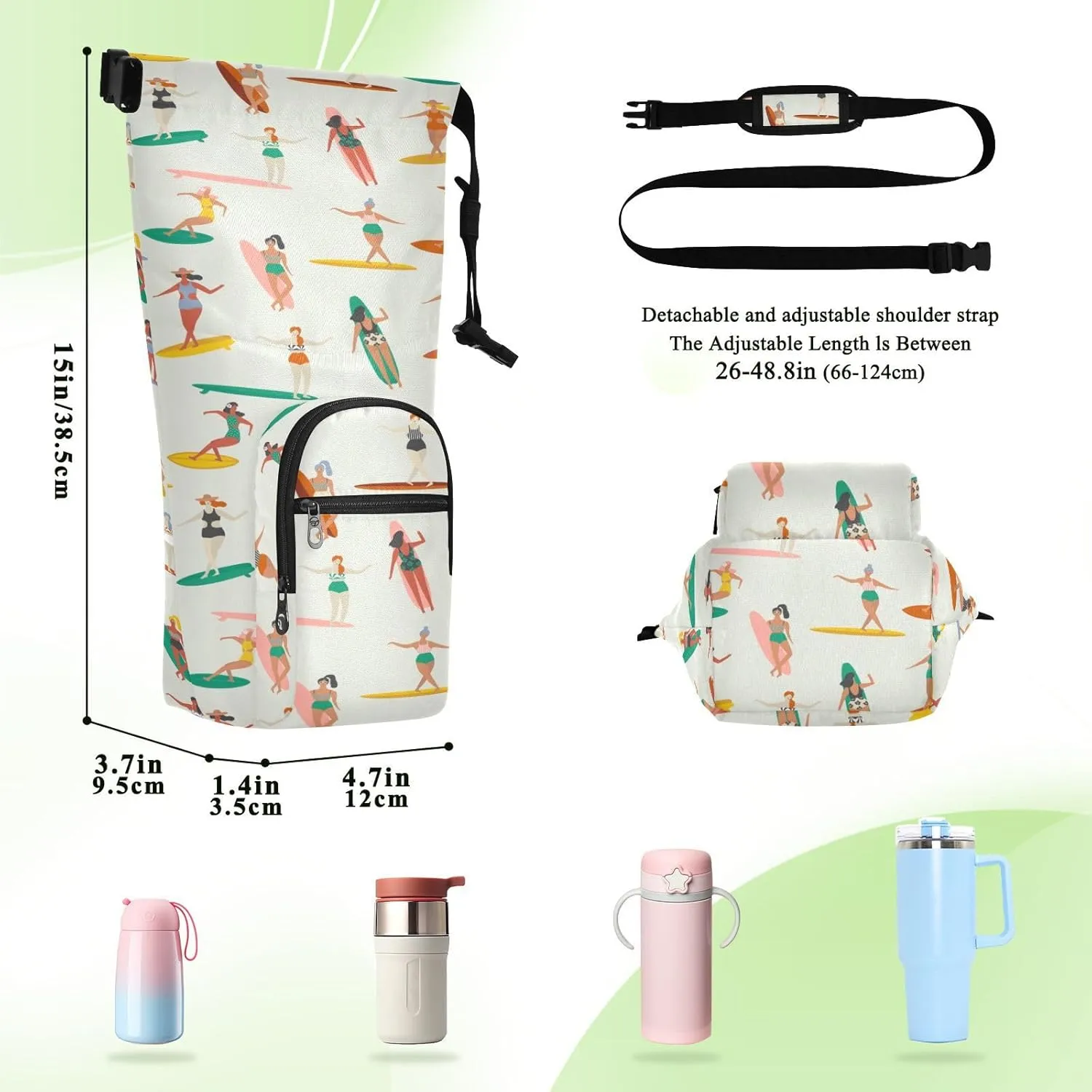 Water Bottle Sling Sleeve Bag, Bottle Carrier Holder Case Cover with Removable Strap Travel Cup Mug Storage with Pockets Surfers Surfing in Bikinis Seamless Pattern
