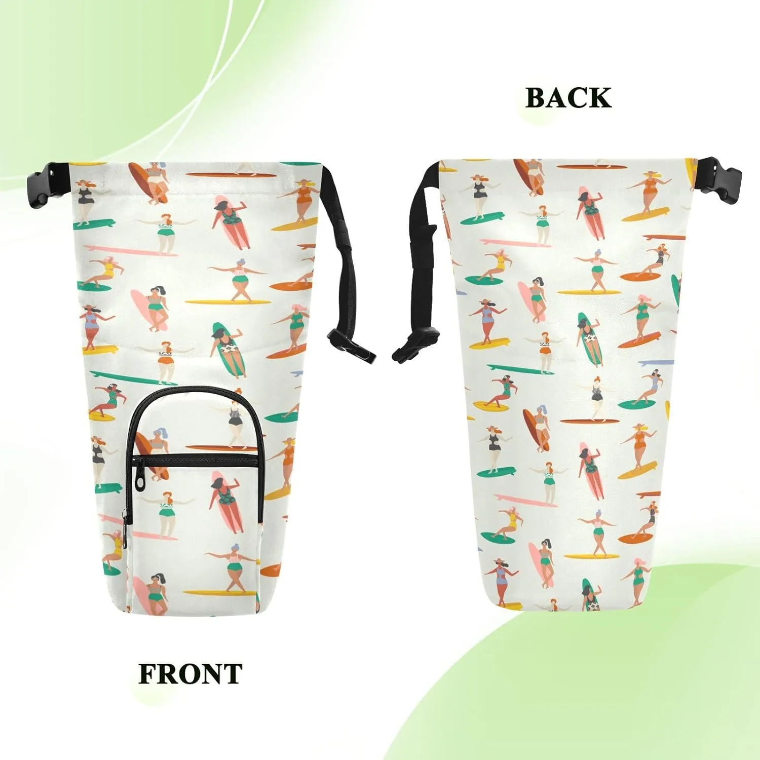 Water Bottle Sling Sleeve Bag, Bottle Carrier Holder Case Cover with Removable Strap Travel Cup Mug Storage with Pockets Surfers Surfing in Bikinis Seamless Pattern
