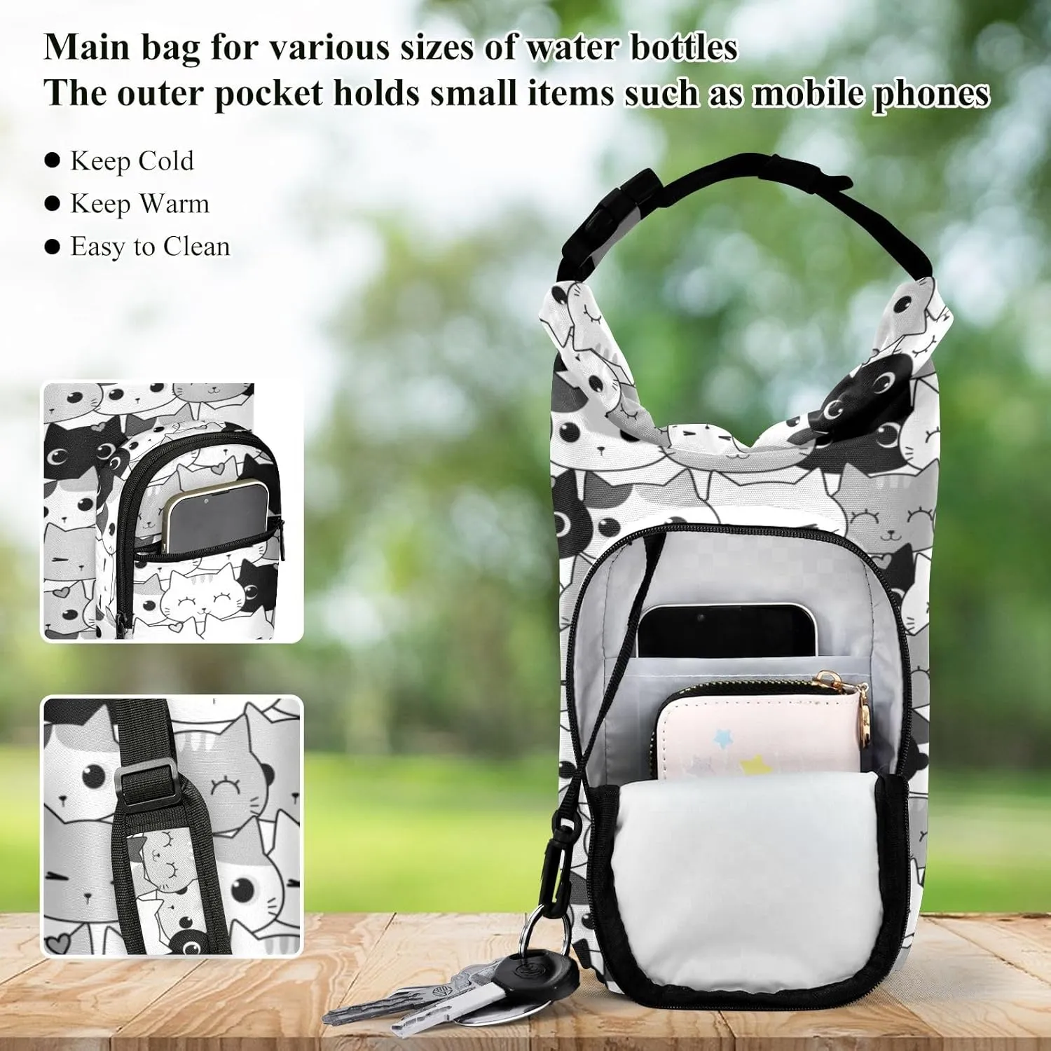 Water Bottle Sling Sleeve Bag, Bottle Carrier Holder Case Cover with Removable Strap Travel Cup Mug Storage with Pockets White Lines Marble Granite Agate Black Grey Triangle Tile