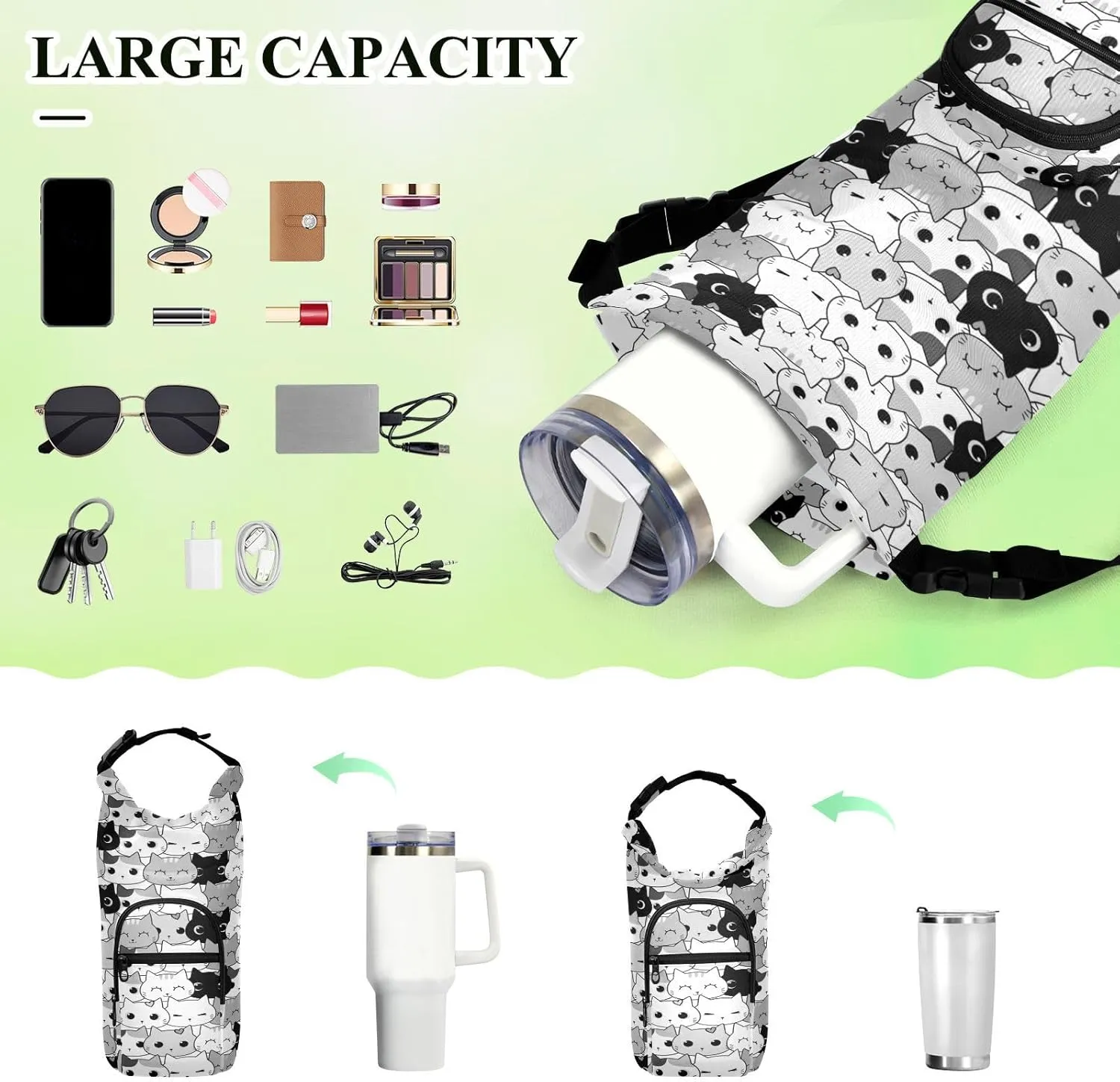 Water Bottle Sling Sleeve Bag, Bottle Carrier Holder Case Cover with Removable Strap Travel Cup Mug Storage with Pockets White Lines Marble Granite Agate Black Grey Triangle Tile