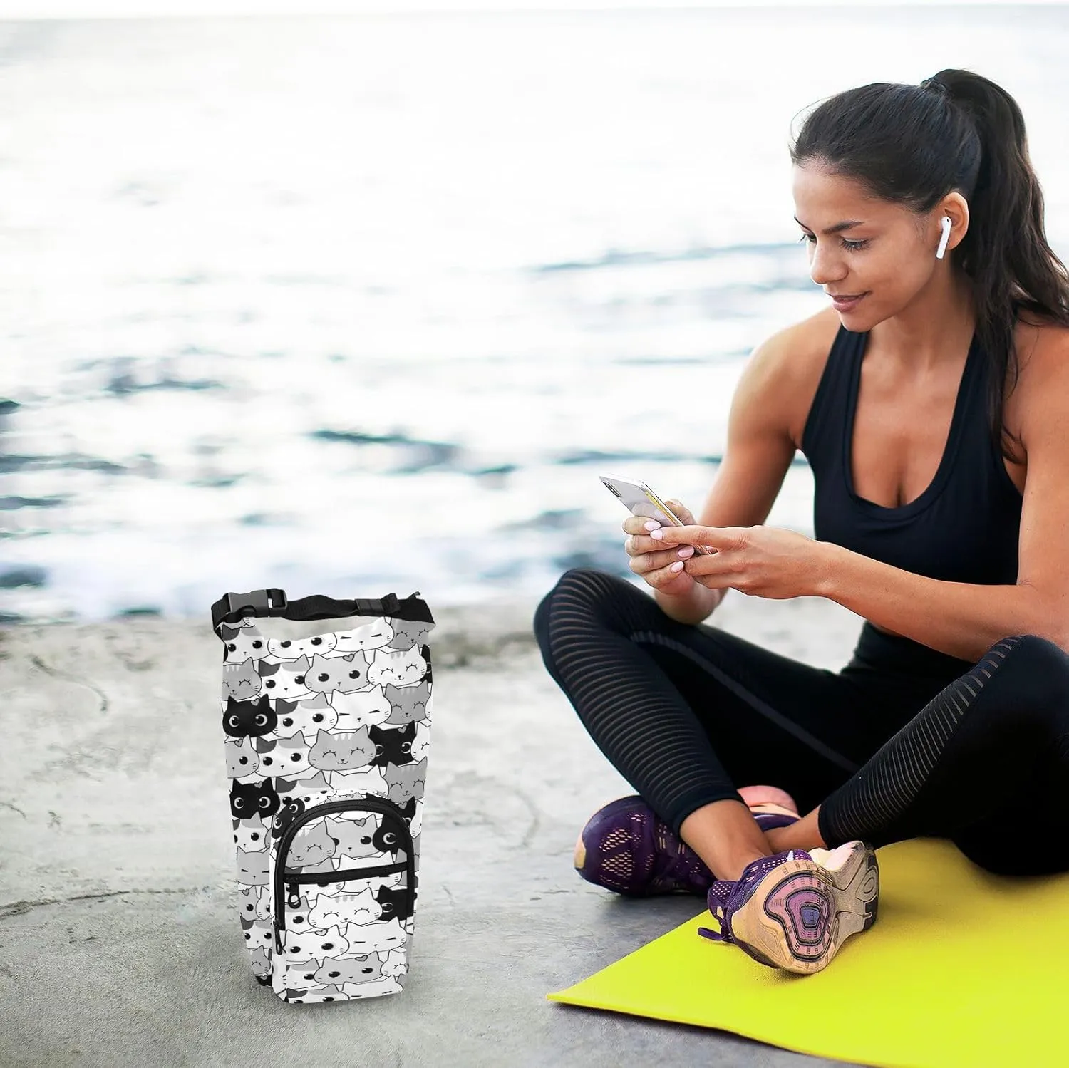Water Bottle Sling Sleeve Bag, Bottle Carrier Holder Case Cover with Removable Strap Travel Cup Mug Storage with Pockets White Lines Marble Granite Agate Black Grey Triangle Tile
