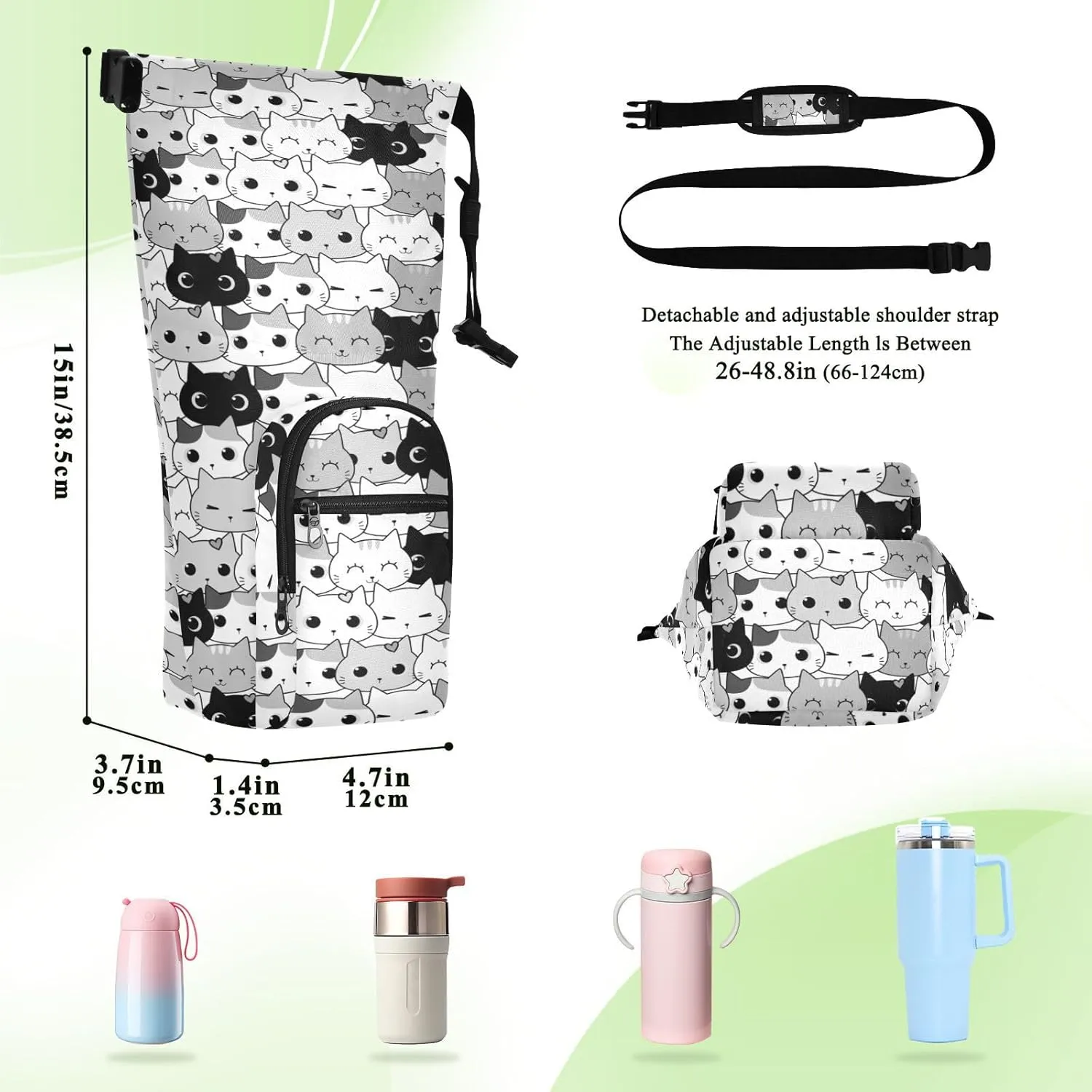 Water Bottle Sling Sleeve Bag, Bottle Carrier Holder Case Cover with Removable Strap Travel Cup Mug Storage with Pockets White Lines Marble Granite Agate Black Grey Triangle Tile
