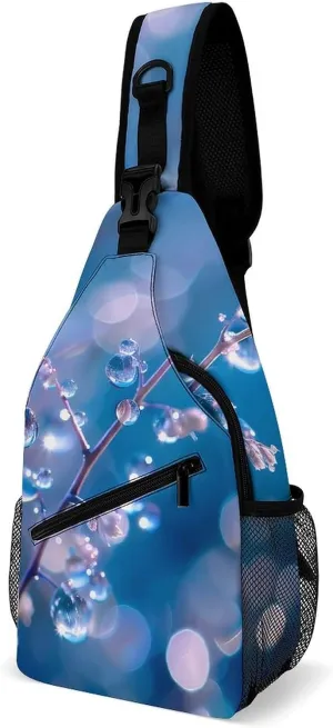 Water Droplets Blue Background Sling Backpack Crossbody Chest Bag Print Shoulder Bag Travel Daypack for Sports Running Hiking