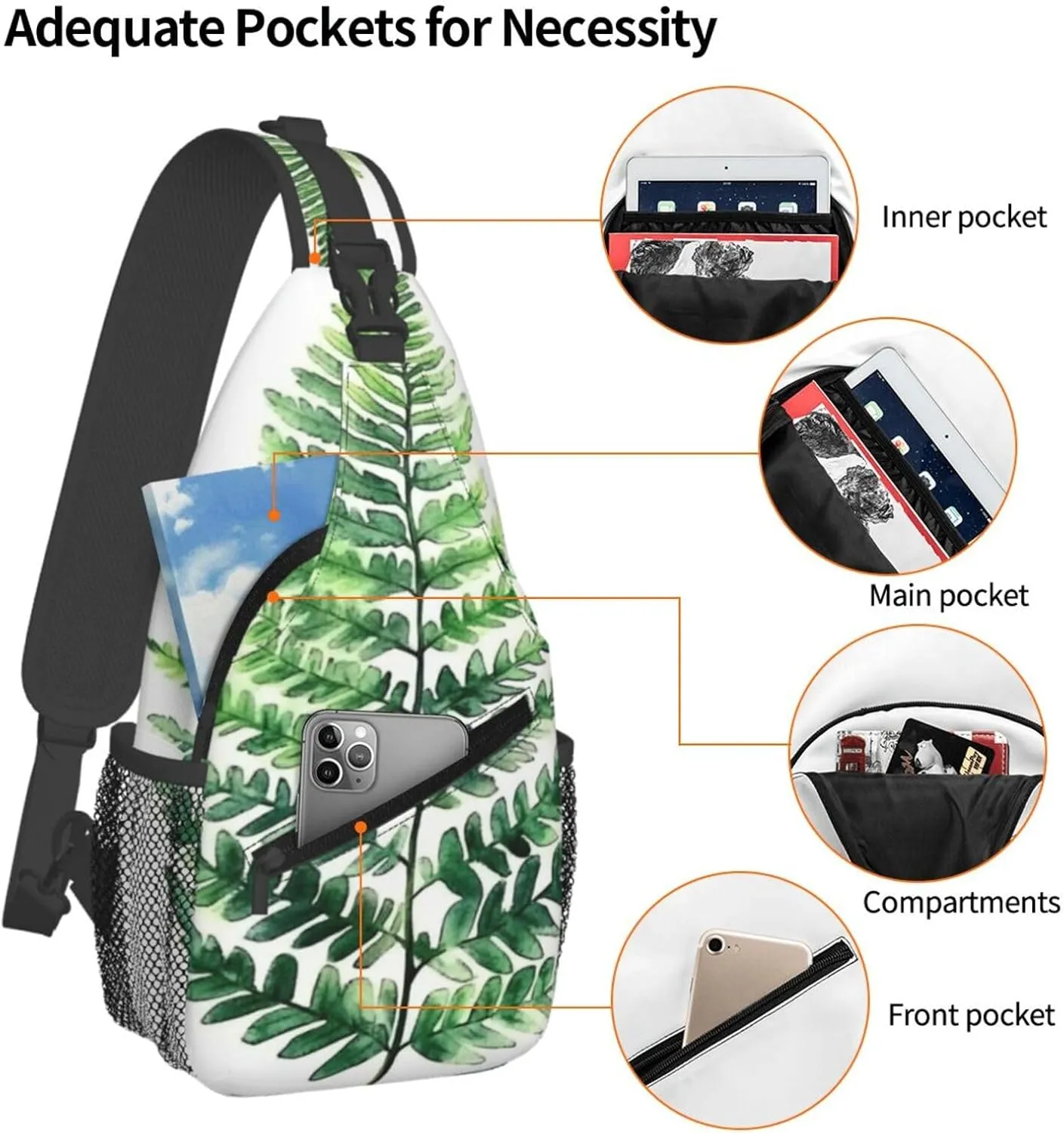 Watercolor Fern Backpack Travel Hiking Daypack Chest Bags Crossbody Shoulder Bag