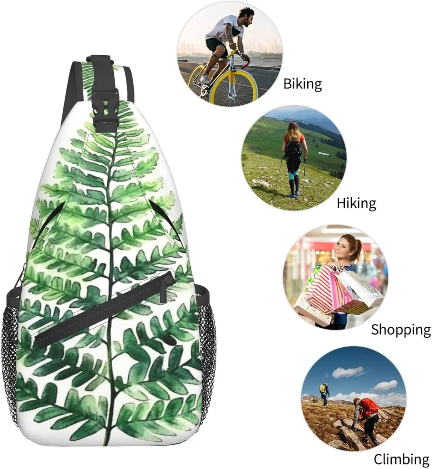 Watercolor Fern Backpack Travel Hiking Daypack Chest Bags Crossbody Shoulder Bag