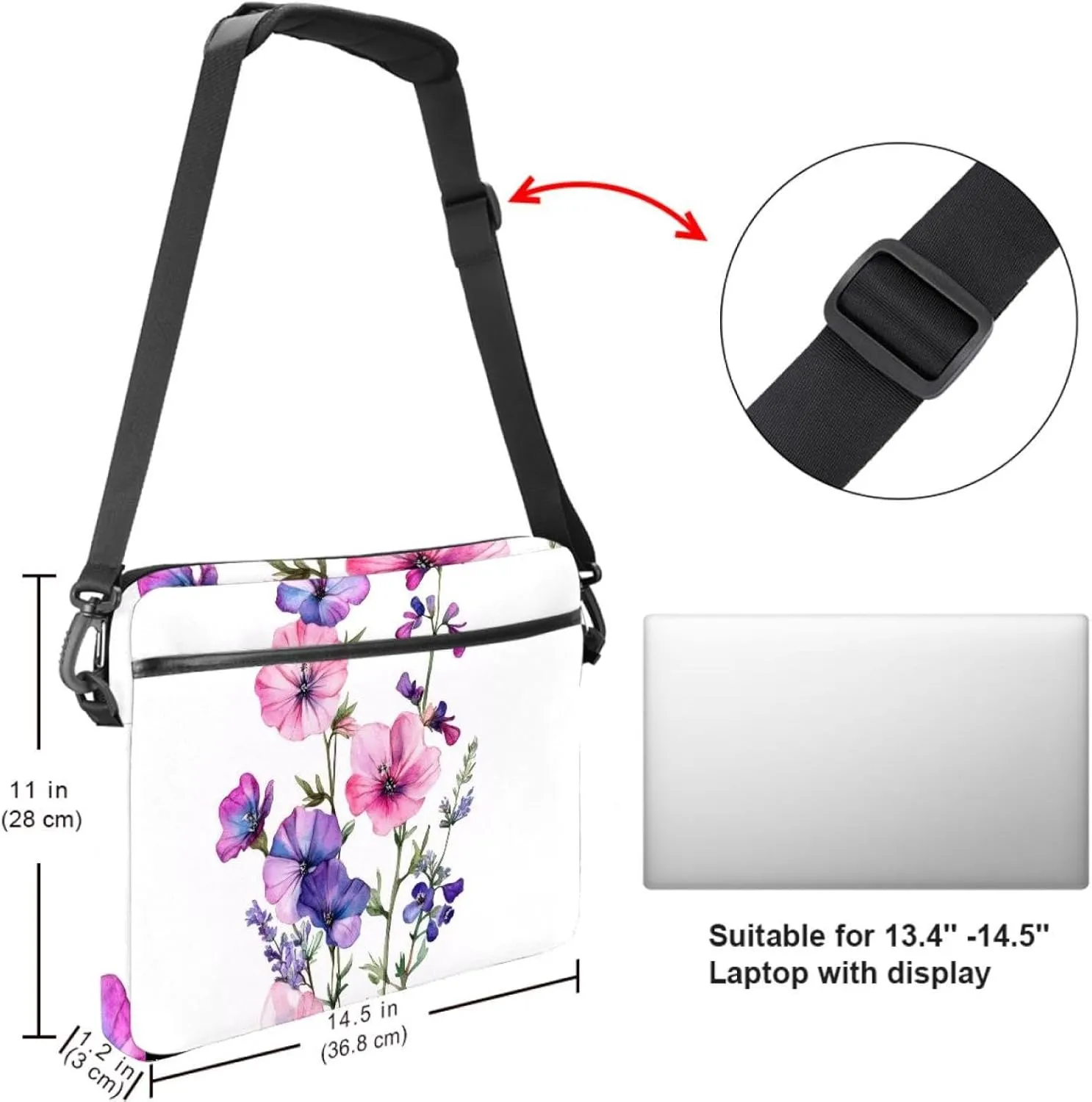 Watercolor Pink Cosmos Flowers Laptop Shoulder Bag Slim Computer Briefcase Laptop Sleeve Messenger Case