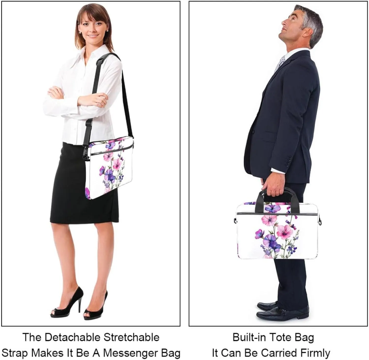 Watercolor Pink Cosmos Flowers Laptop Shoulder Bag Slim Computer Briefcase Laptop Sleeve Messenger Case