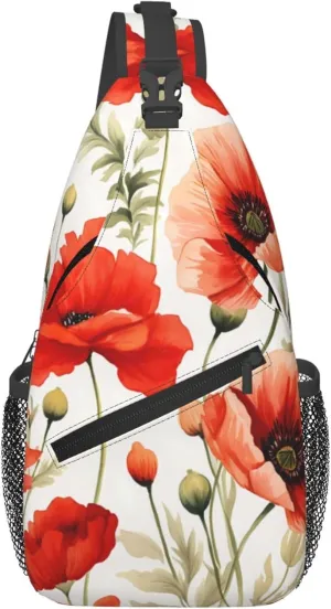 Watercolor Poppy Flower Sling Bag for women and Men, Floral Crossbody Chest Bag Water Resistant, Lightweight Sling Purse for Travel Hiking Gym Everyday Use