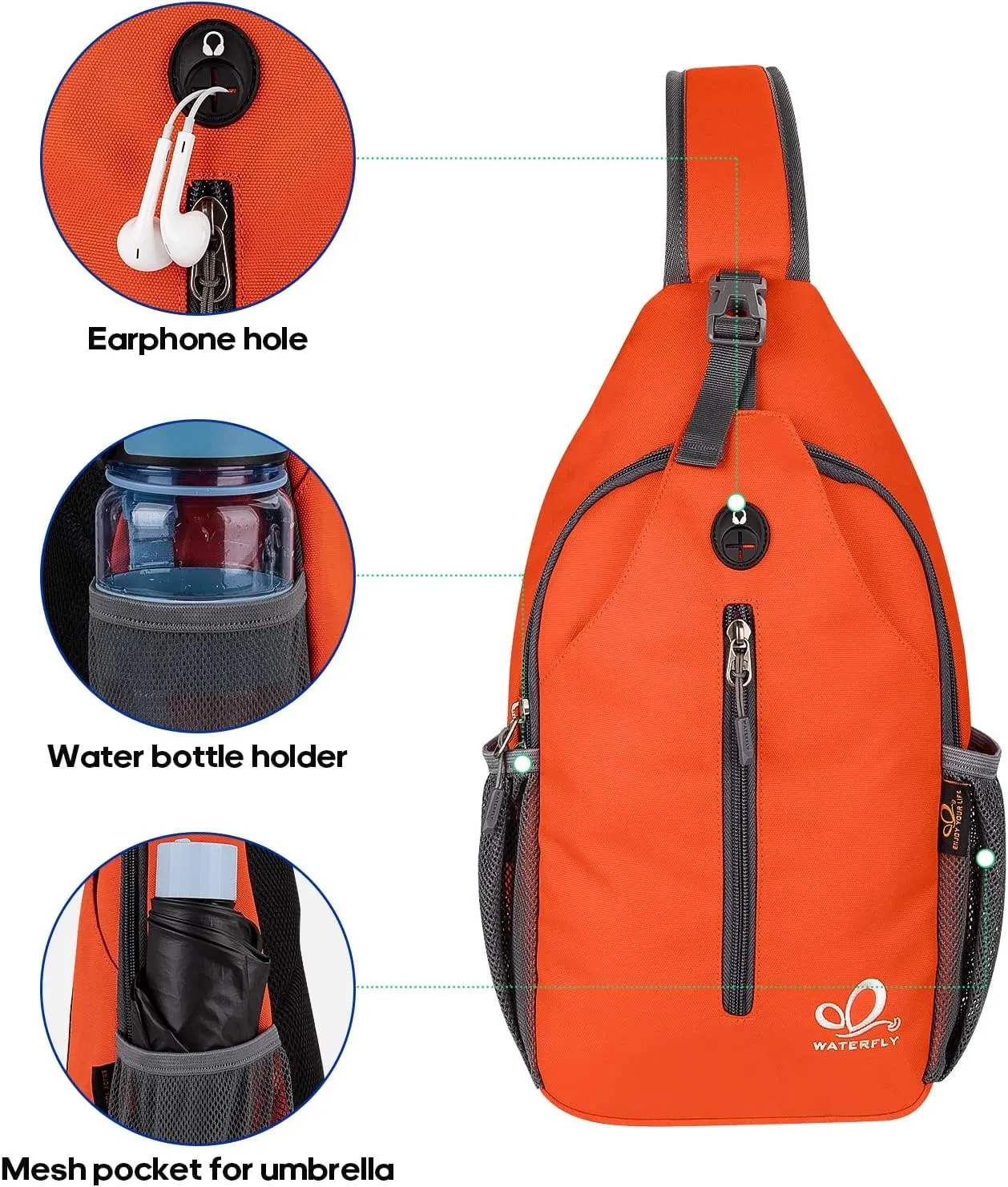 WATERFLY Crossbody Sling Backpack Sling Bag Travel Hiking Chest Bag Daypack
