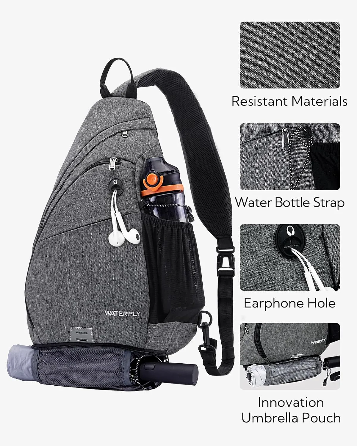 WATERFLY Sling Bag Crossbody Backpack: Over Shoulder Daypack Casual Cross Chest Side Pack
