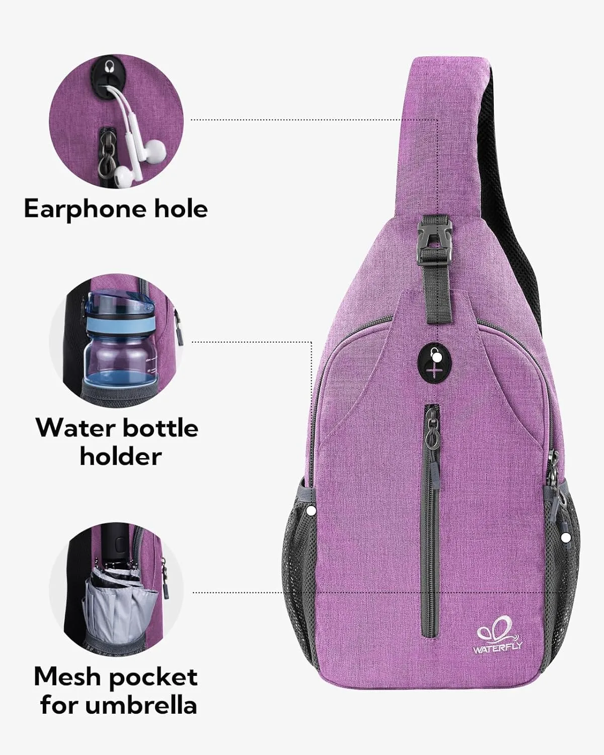 WATERFLY Small Hiking Sling Backpack: Crossbody Sling Bag Chest Bag Daypack for Women with Skin-Friendly Shoulder Strap