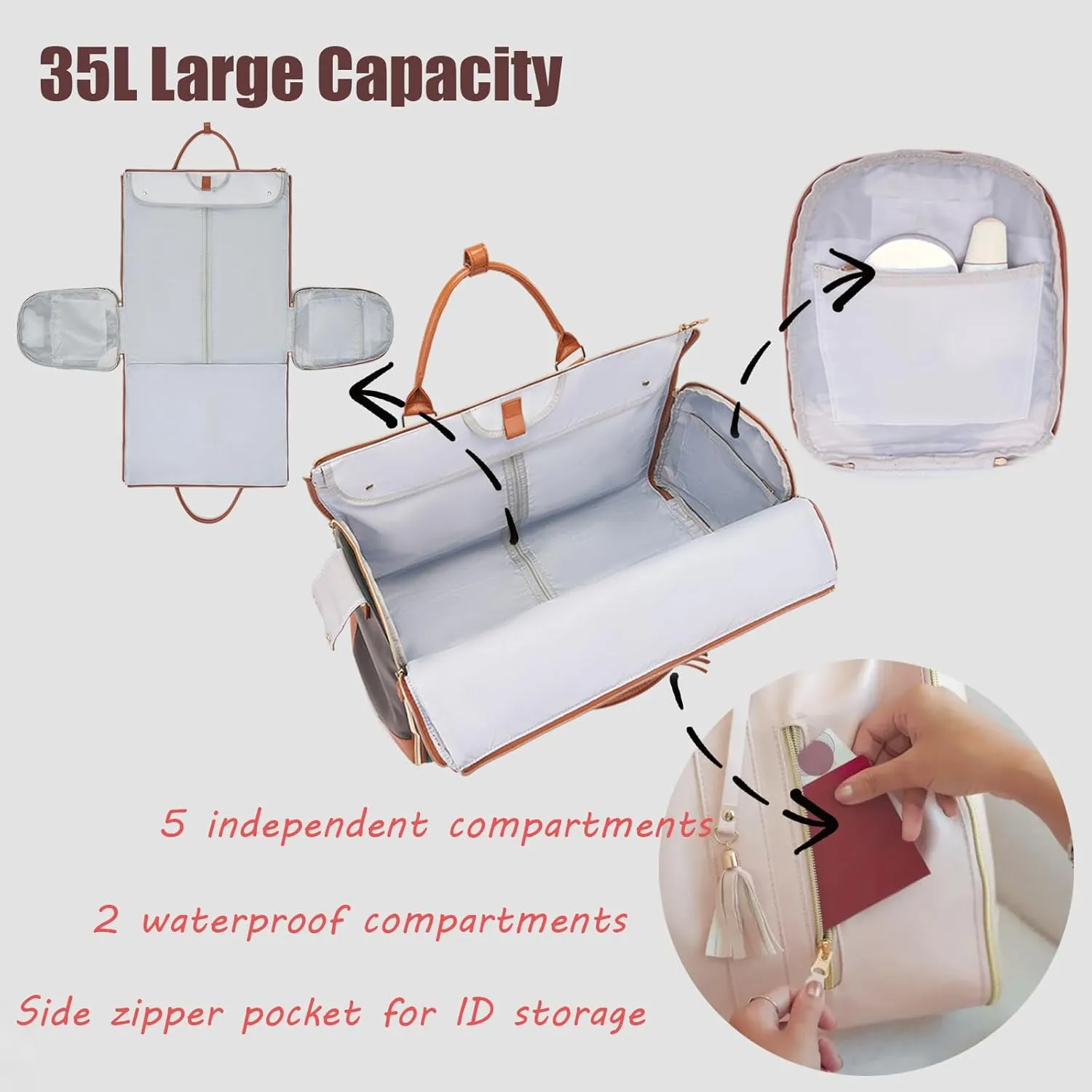 Waterproof Luxe Mega Bag Travel Carry On, PU Leather Luxe Travel Bags for Women, Convertible Garment Bags for Travel for Women (Brown)