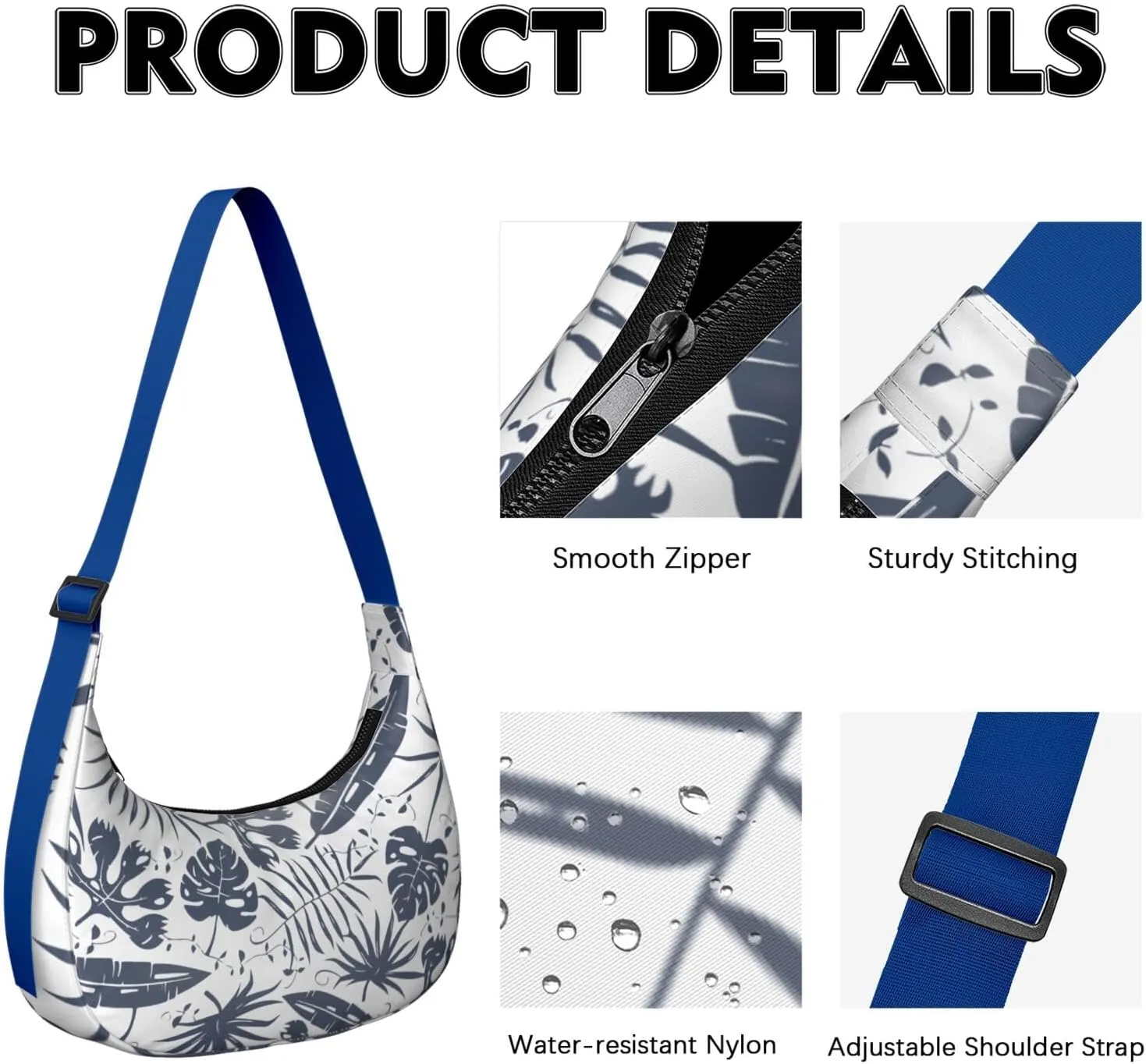 Waterproof Nylon Crescent Shoulder Bag Tropical Leaf Floral Crossbody Bag for Women Travel Sling Bag Adjustable Strap