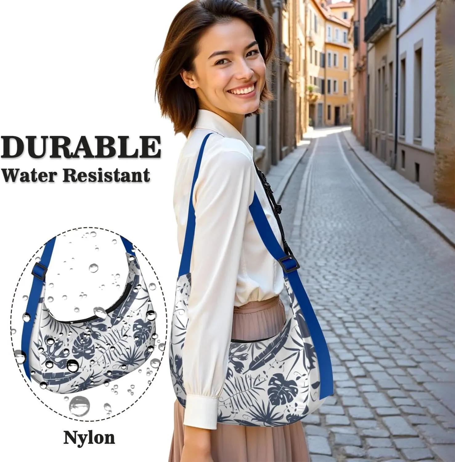 Waterproof Nylon Crescent Shoulder Bag Tropical Leaf Floral Crossbody Bag for Women Travel Sling Bag Adjustable Strap