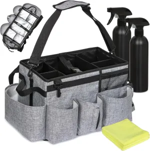 Wearable Cleaning Bag - 6 PC Set - Cleaning Supply Caddy with Handle and Strap - 3 Microfiber Cloths and 2 Spray Bottles Included - Professional Cleaning Supplies for Housekeeping