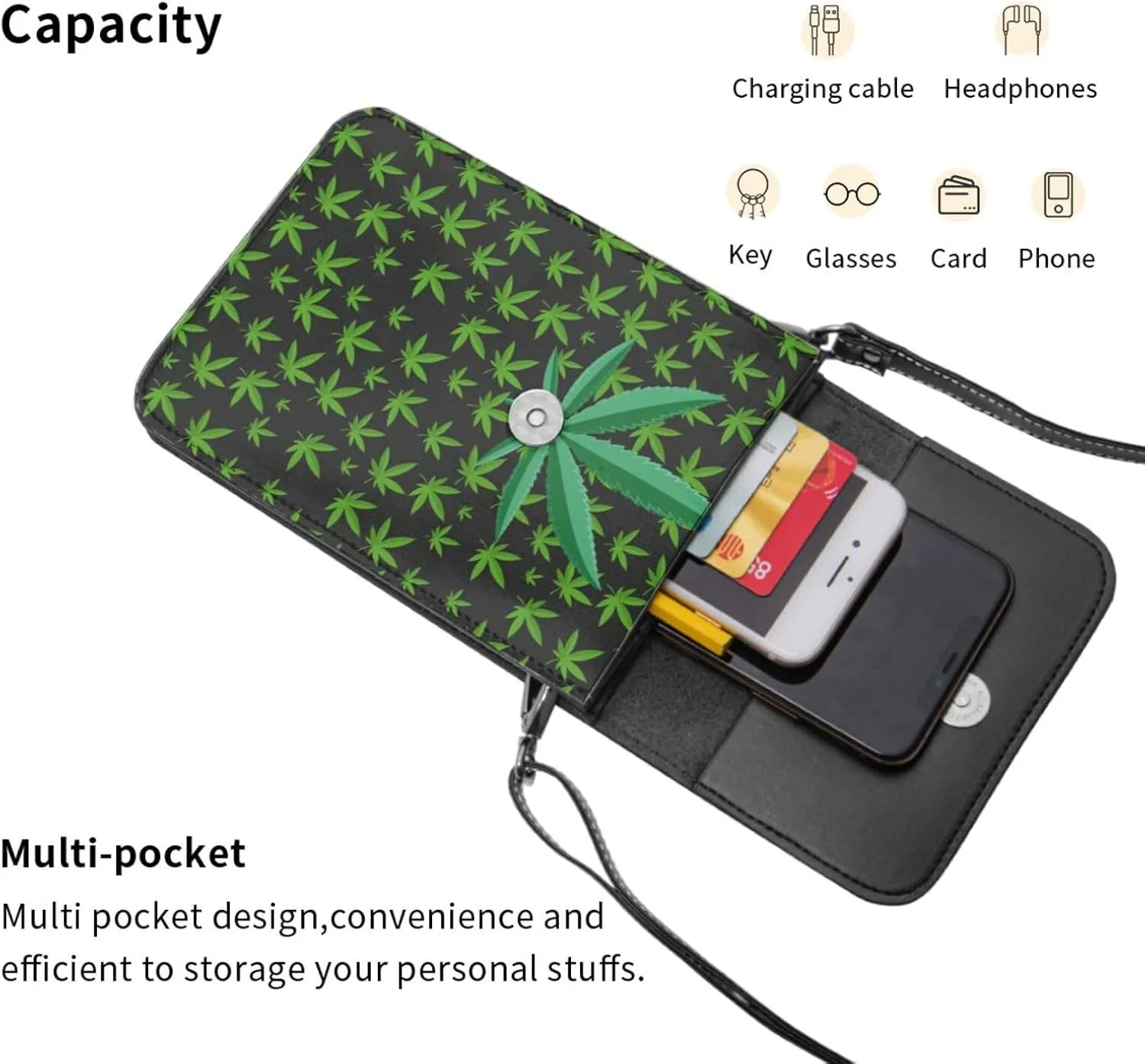 Weed Leaf Cannabis Marijuana Womans Crossbody Bags Leather One Shoulder Handbags Wallet Adjustable Strap Cell Phone Purse