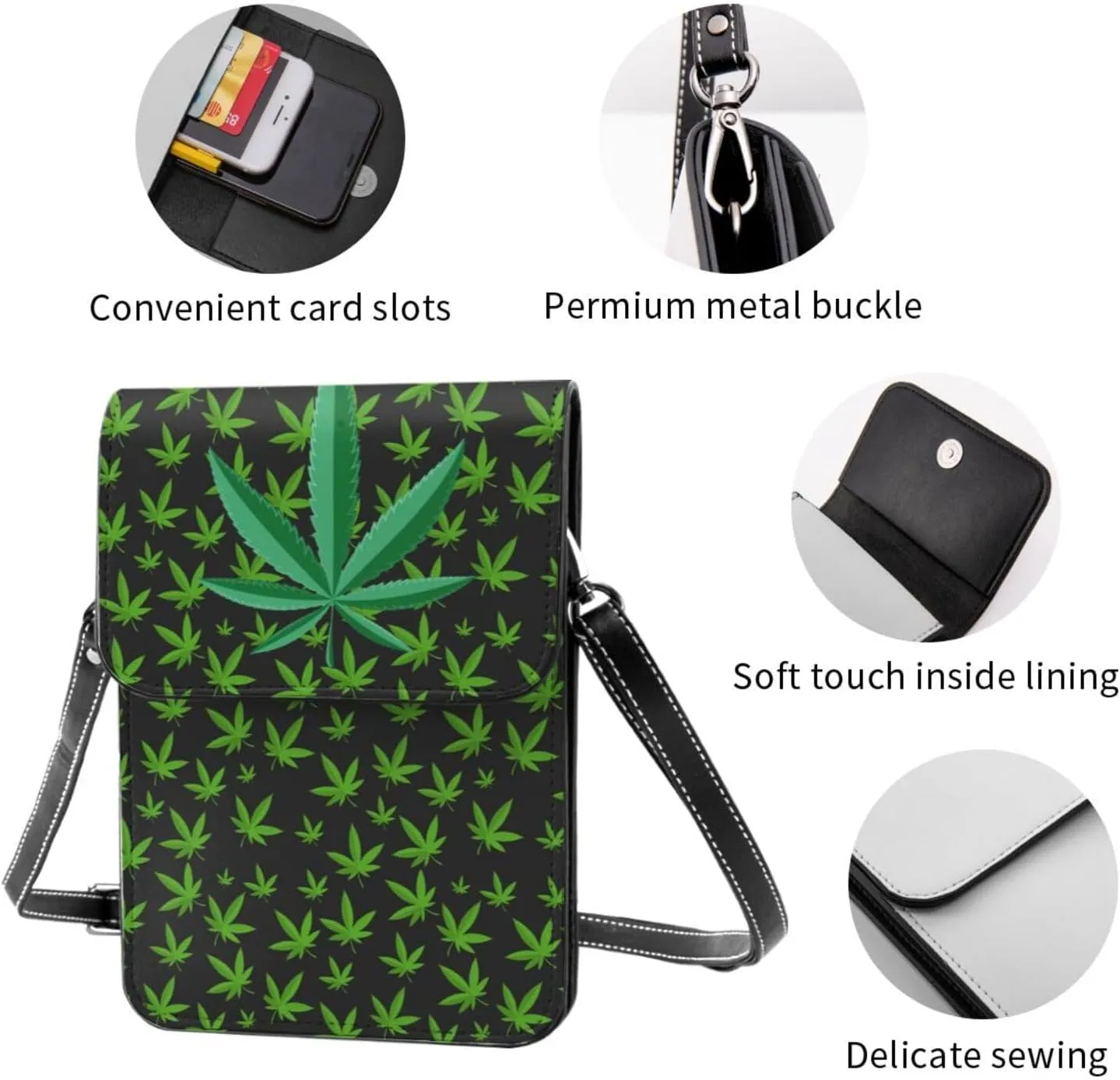 Weed Leaf Cannabis Marijuana Womans Crossbody Bags Leather One Shoulder Handbags Wallet Adjustable Strap Cell Phone Purse
