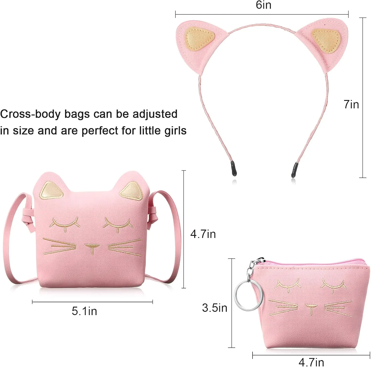 Weewooday 3 Pcs Cat Shoulder Bag Set, Christmas Cute Crossbody Bag Gift Hand Bags with Mini Coin Purse Cat Headband Gifts for Girls(Pink)