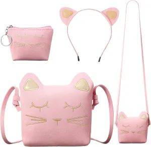 Weewooday 3 Pcs Cat Shoulder Bag Set, Christmas Cute Crossbody Bag Gift Hand Bags with Mini Coin Purse Cat Headband Gifts for Girls(Pink)