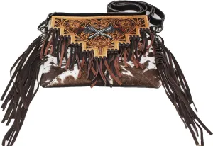 Western Cowhide Poker Card Aces Floral Tooled Leather Purse Shoulder Crossbody Bag w/Fringe