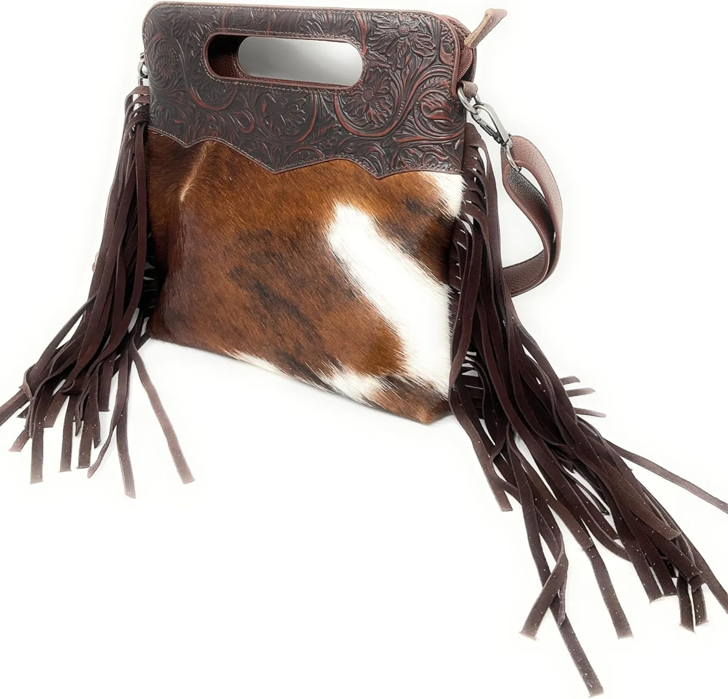 Western Genuine Tooled Leather Cowhide Fur Fringe Women's Crossbody Chain Bag/Purse