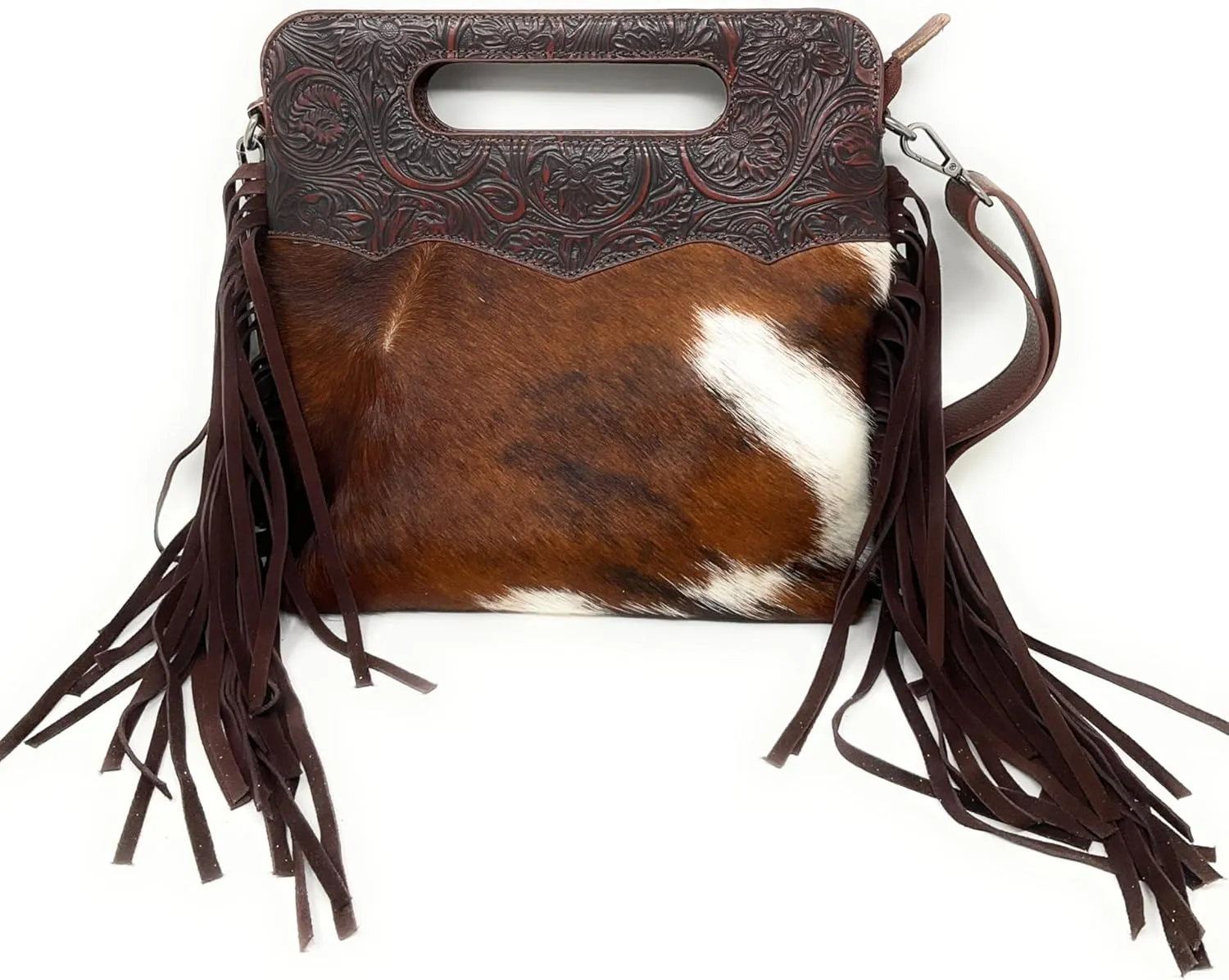 Western Genuine Tooled Leather Cowhide Fur Fringe Women's Crossbody Chain Bag/Purse