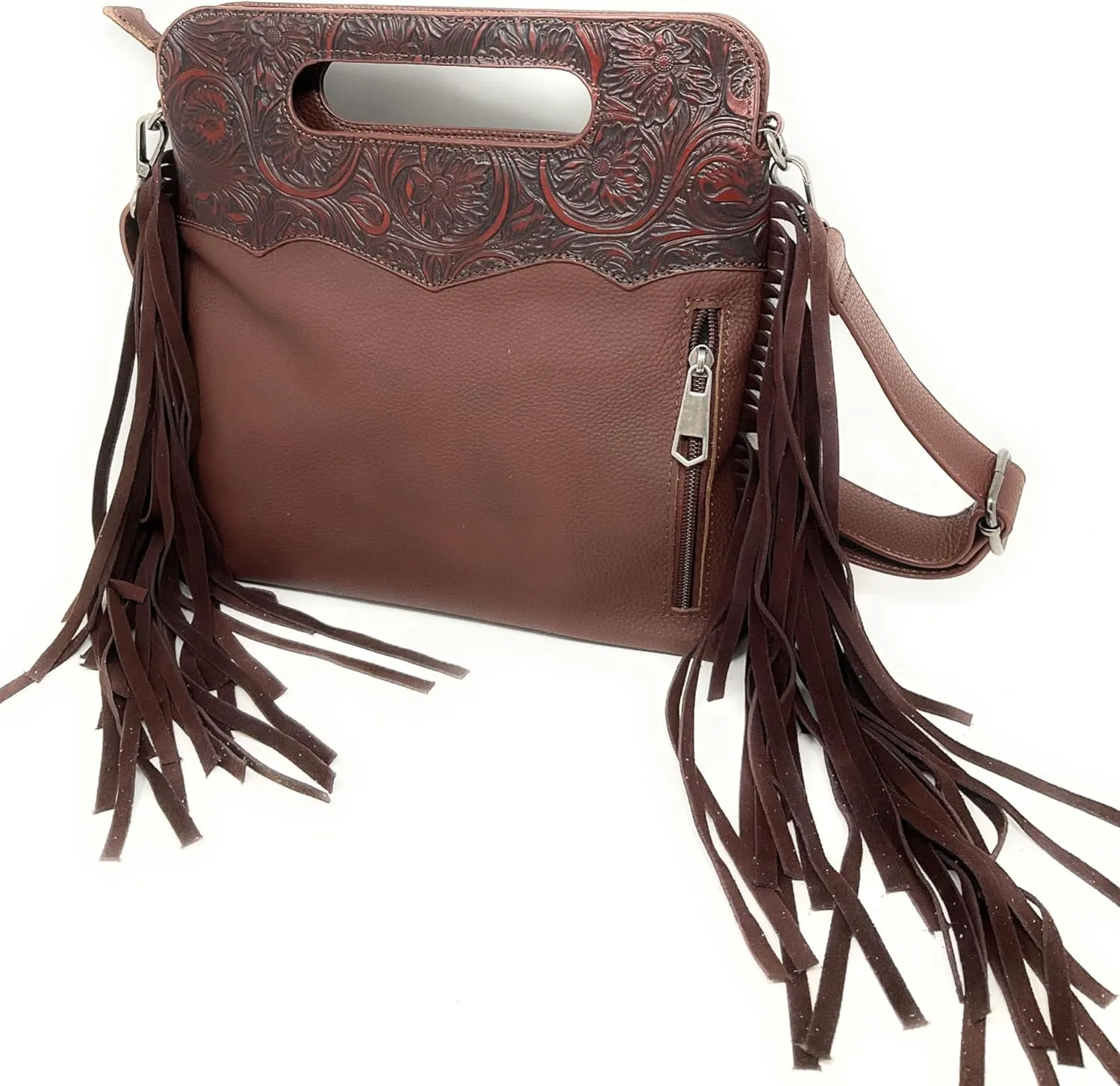 Western Genuine Tooled Leather Cowhide Fur Fringe Women's Crossbody Chain Bag/Purse