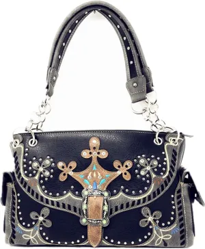 Western Rhinestone Conceal Carry Buckle Floral Concho Laser Cut Shoulder Handbag multi-color