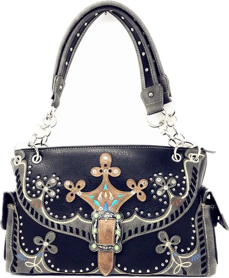 Western Rhinestone Conceal Carry Buckle Floral Concho Laser Cut Shoulder Handbag multi-color