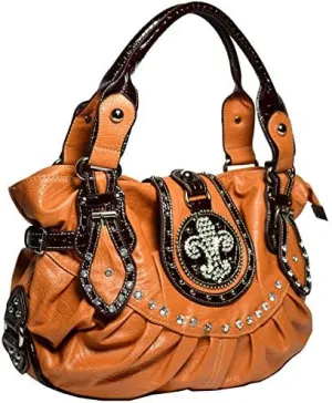 Western Rhinestone Studs Fleur De Lis Purse Handbag - Camel