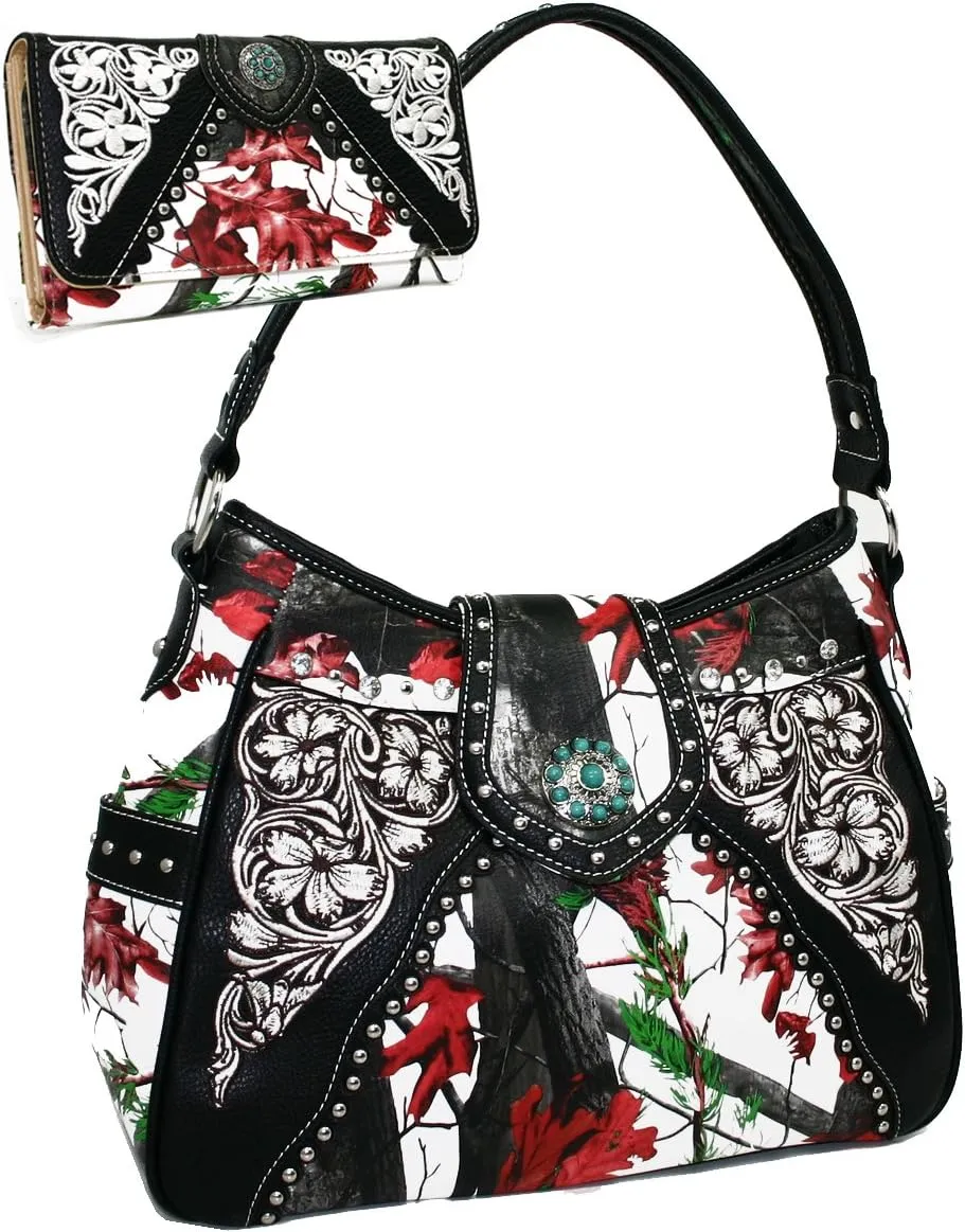 Western Turquoise Concho Accented Handbag Purse With Matching Wallet - Red/Cam