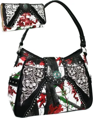 Western Turquoise Concho Accented Handbag Purse With Matching Wallet - Red/Cam