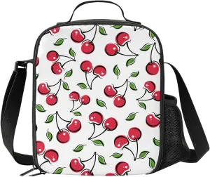 White Cherry Kids Insulated Lunch Bag Small Cute Thermal Tote Bag Built Back to School Lunch Bags with Water Bottle Holder Shoulder Strap for Teens Girls Boys