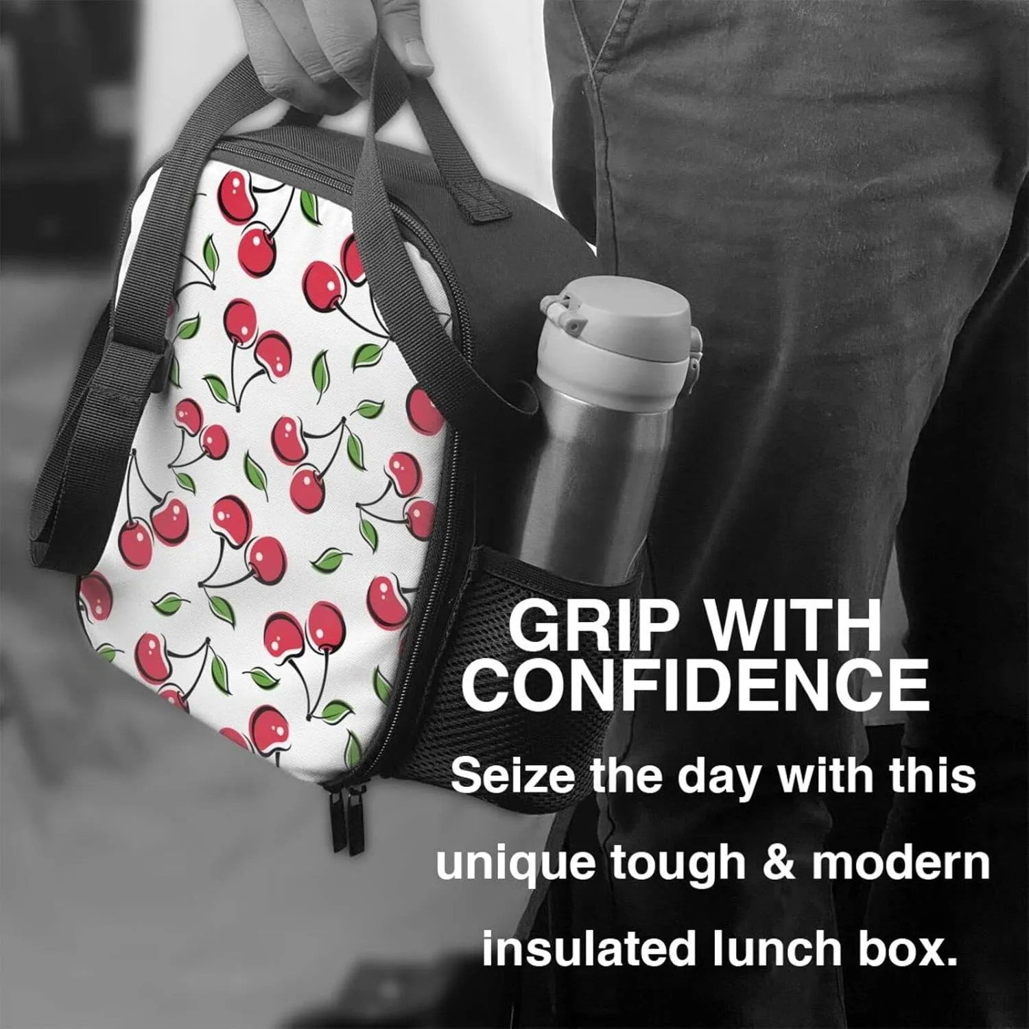 White Cherry Kids Insulated Lunch Bag Small Cute Thermal Tote Bag Built Back to School Lunch Bags with Water Bottle Holder Shoulder Strap for Teens Girls Boys