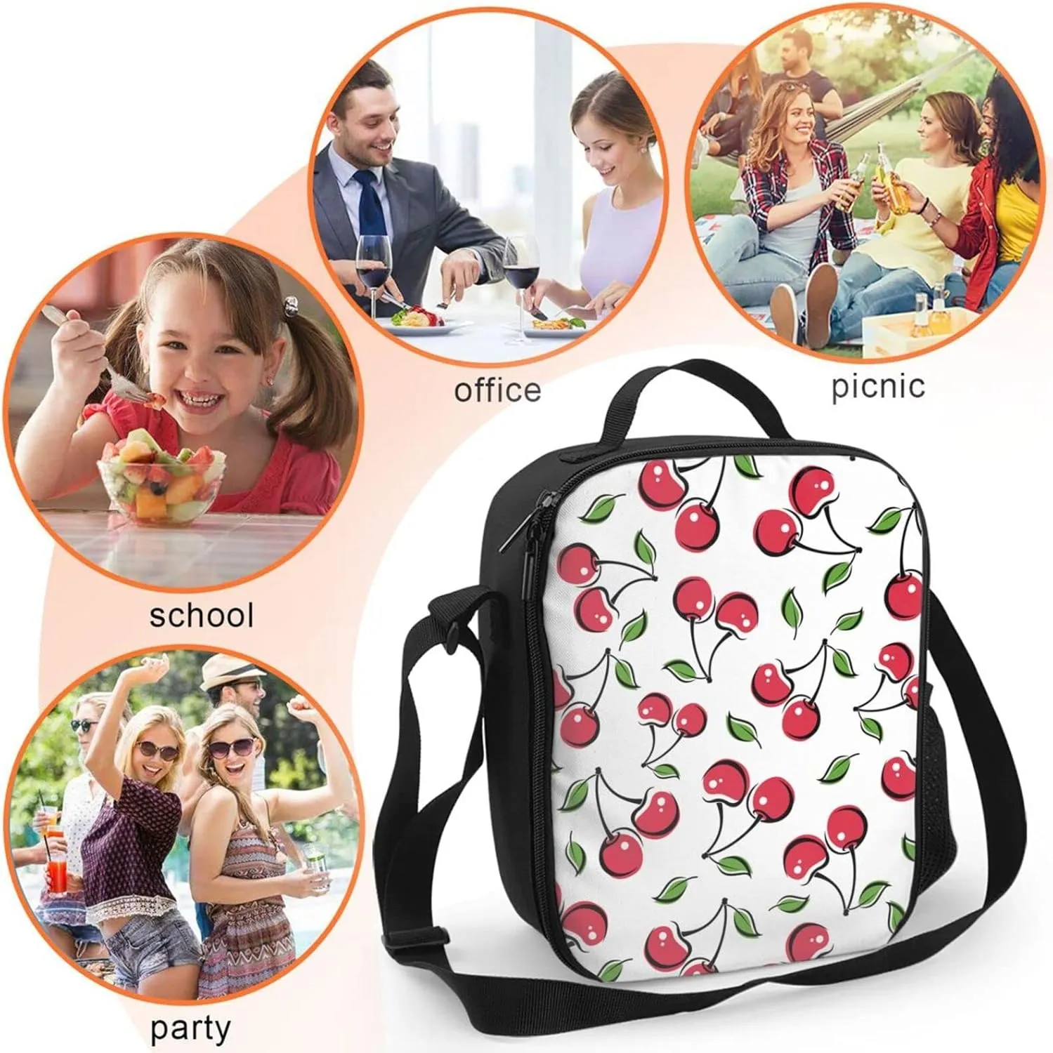 White Cherry Kids Insulated Lunch Bag Small Cute Thermal Tote Bag Built Back to School Lunch Bags with Water Bottle Holder Shoulder Strap for Teens Girls Boys
