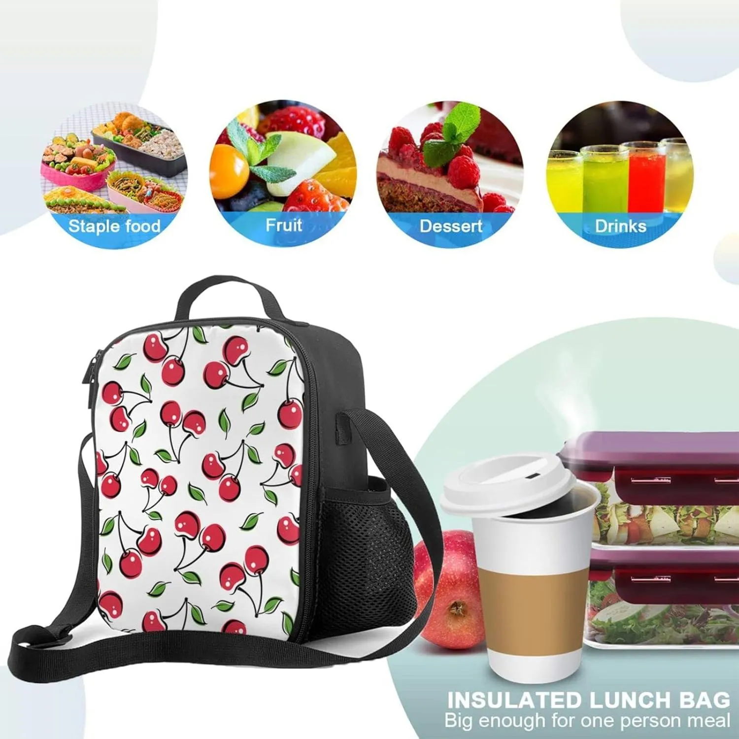 White Cherry Kids Insulated Lunch Bag Small Cute Thermal Tote Bag Built Back to School Lunch Bags with Water Bottle Holder Shoulder Strap for Teens Girls Boys