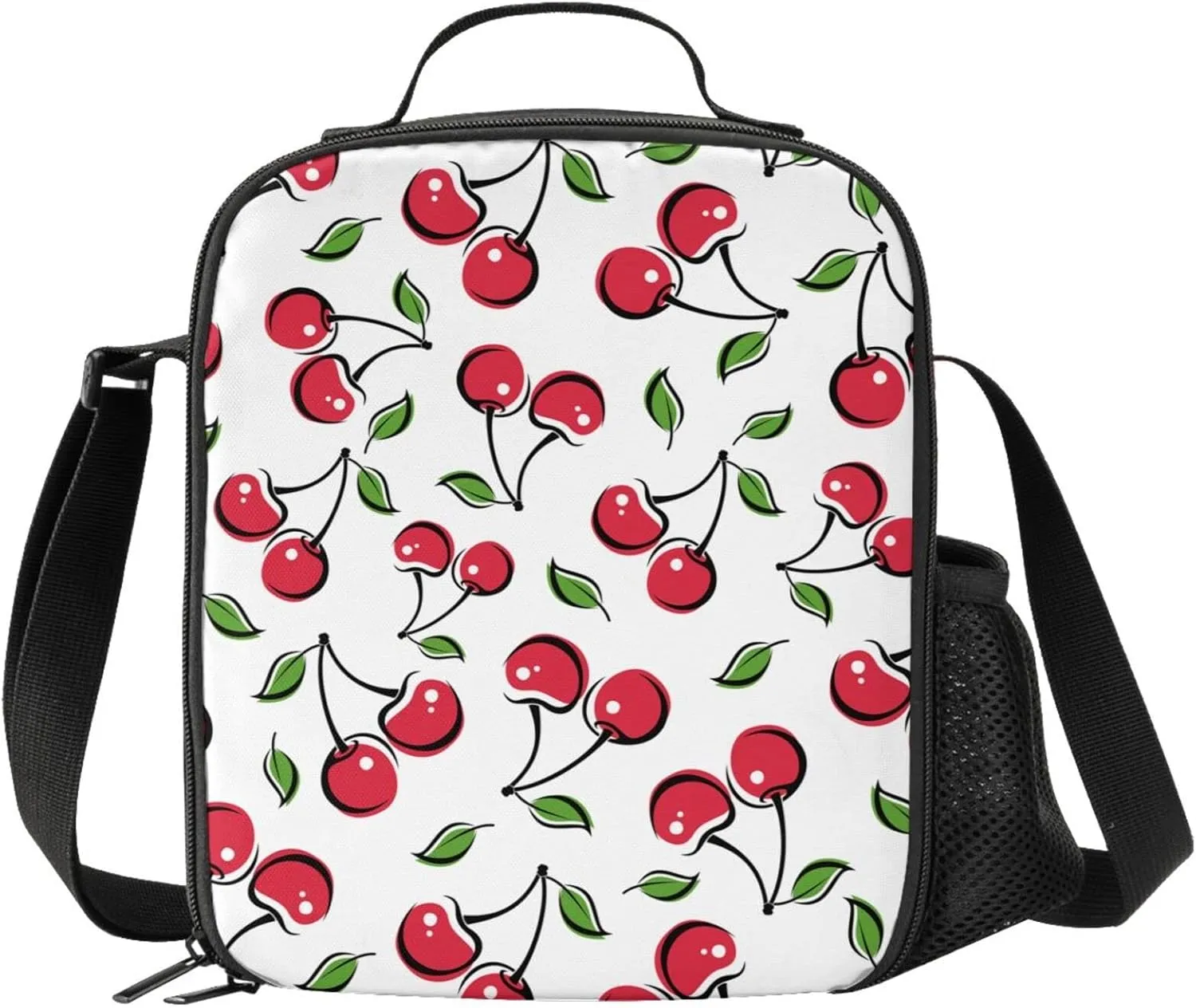 White Cherry Kids Insulated Lunch Bag Small Cute Thermal Tote Bag Built Back to School Lunch Bags with Water Bottle Holder Shoulder Strap for Teens Girls Boys