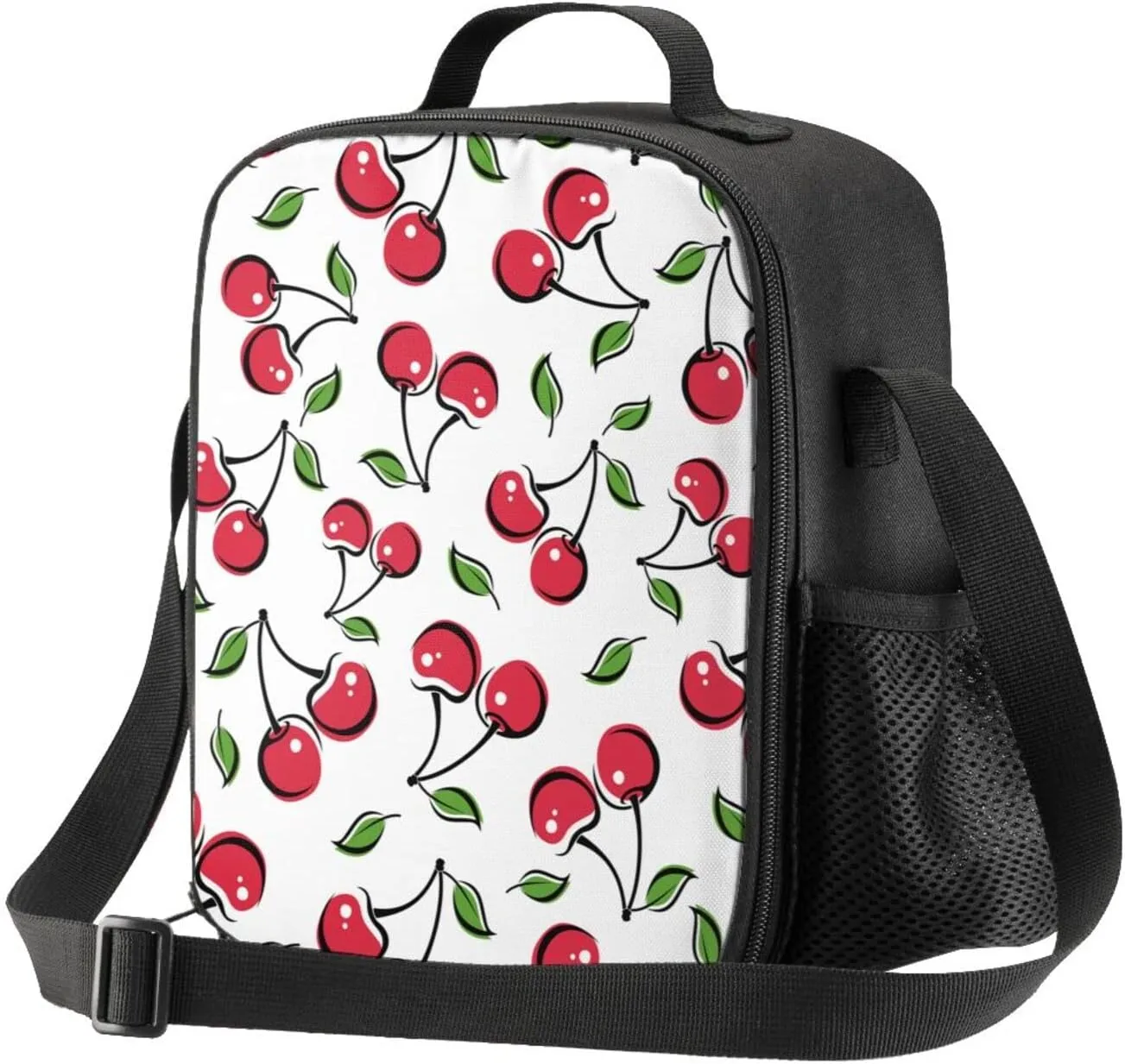 White Cherry Kids Insulated Lunch Bag Small Cute Thermal Tote Bag Built Back to School Lunch Bags with Water Bottle Holder Shoulder Strap for Teens Girls Boys