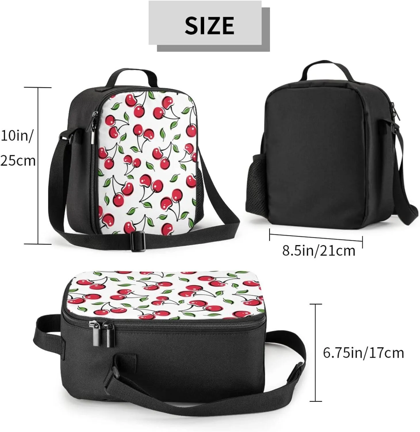 White Cherry Kids Insulated Lunch Bag Small Cute Thermal Tote Bag Built Back to School Lunch Bags with Water Bottle Holder Shoulder Strap for Teens Girls Boys