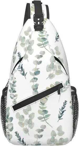 White Natural Greenery Twig Print Sling Bag Crossbody Shoulder Backpack Chest Pack for Hiking Travel Climbing