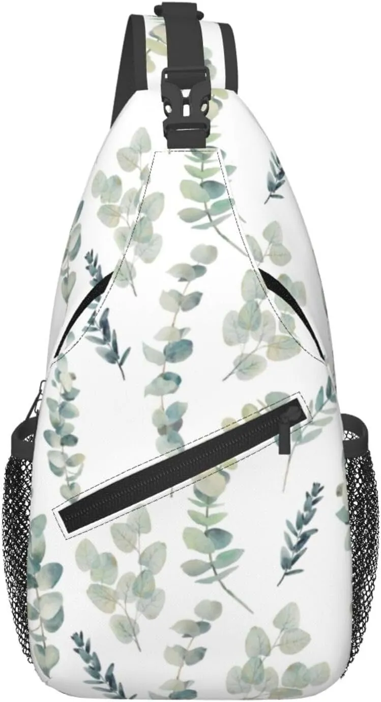 White Natural Greenery Twig Print Sling Bag Crossbody Shoulder Backpack Chest Pack for Hiking Travel Climbing