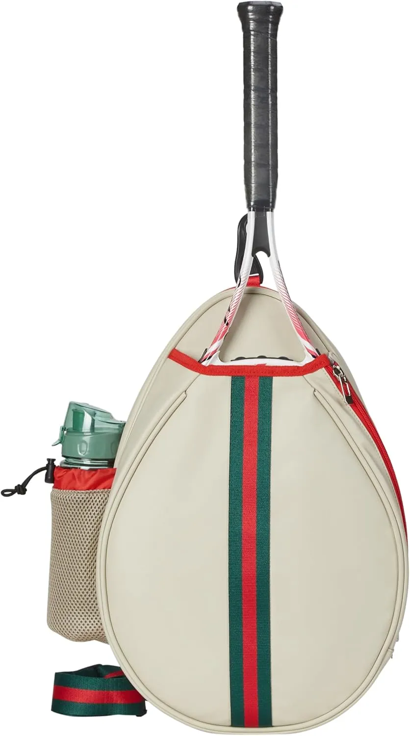 White PU One Shoulder Crossbody Tennis Backpack Girls Tennis Bag Tennis Racket Sling Bag for Women, with Water Bottle Holder